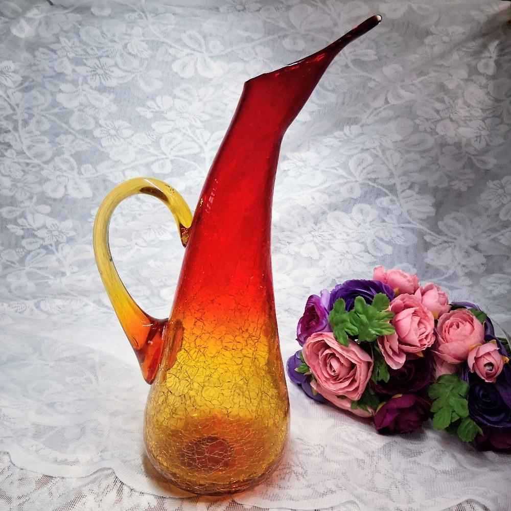 Vintage Amberina Crackle Glass Pitcher MCM Hand-Blown Art Glass 12" - Picture 16 of 16